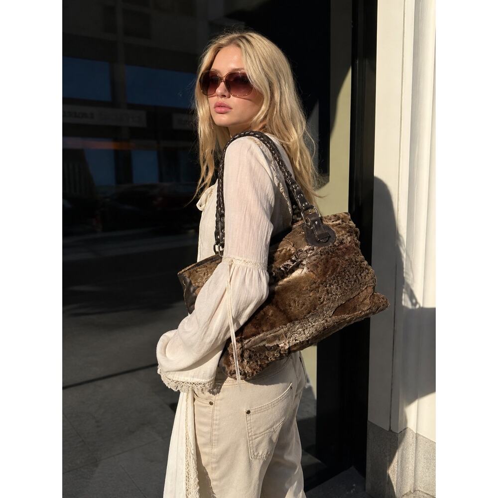 Y2K Paolo Masi Italy Fur Leather Shoulder Bag Boho Luxe Brown Hobo